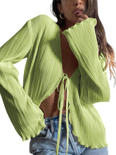 ZAFUL Women's Deep V Neck Tie Front Top Flare Sleeve Plisse Pleated Blouse Shirt Top Y2k Vintage Streetwear