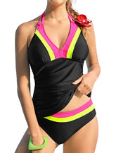 ZAFUL Tankini Swimsuits for Women Tummy Control Halter Neck Mid Waist Ruched Color Block Two Piece Bathing Suits Swimwear