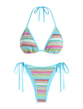 ZAFUL Women's Colorblock Stripes Triangle Halter Tied Cheeky Thong Bikini Set