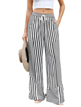 ZAFUL Women Linen Pants Wide Leg Casual Palazzo Pants Striped Casual Drawstring Elastic Waisted Lounge Trousers with Pockets-AMZ