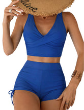 V Neck Wrap Tankini with Boyshorts-AMZ