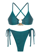 ZAFUL Women's Bikini Sets Ribbed Metal O Ring Criss Cross Two Piece Swimsuit Cheeky High Cut Side Tie Thong Bathing Suit