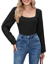 Women's Square Neck Puff Long Sleeve Casual Slim Fit Blouse