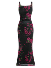 ZAFUL Sleeveless Cocktail Floral Mesh Ruched Bodycon Maxi Party Long Dress