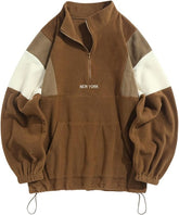 ZAFUL Men's Fluffy Polar Fleece Sweatshirt NEW YORK Embroidery Colorblock Half Zip Unisex Hoodie-AMZ
