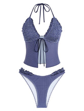 Smocked Ruffles Bowknot Textured Tanga Tankini -AMZ