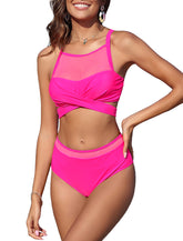 Mesh-Twisted-Cross-Bikini-Rose Red