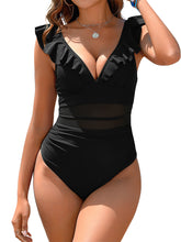 Women's Ruffle One Piece Swimsuit Solid Color V-Neck Bathing Suit Tummy Control High Waisted Bathing Suit