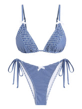 ZAFUL Vintage Gingham Lace Trim Bowknot Decor Halter Triangle Tie Side Bikini Set