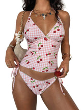 ZAFUL Tankini Swimsuits for Women Halter V Neck Plaid Tummy Control Bikini Swimsuit Tie Side 2 Pieces Bathing Suit-AMZ