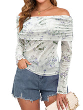 ZAFUL Women's Off Shoulder Floral Mesh Top Long Sleeve Fitted Tie-Dye Print Fashion Fall T-Shirt