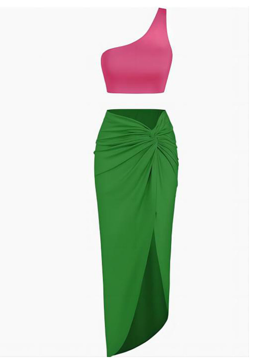 High-Slit-Twist-Skirt-Dress-Set-green-colorblock
