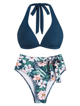 ZAFUL Women Halter V Neck Bikini Sets Two Piece High Waisted Tummy Control Bikini Swimsuit with Tie Side Knot