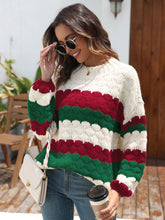 ZAFUL Women's Crewneck Long Sleeve Striped Color Block Loose Cable Knit Pullover Sweater