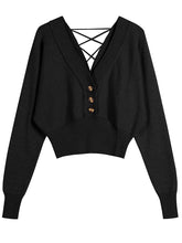 ZAFUL Women V Neck Button Knit Crop Sweaters Batwing Sleeve V Back Ribbed Hem Pullover Sweater