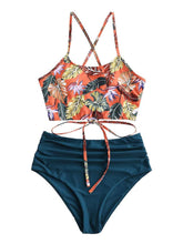 ZAFUL Women's Ruched High Waisted Tankini Swimsuit Criss Cross Bikini Set Tummy Control Bathing Suit