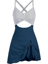 V-Neck-Cute-Tie-Knot-Skirt-Swimwear-Blue Striped