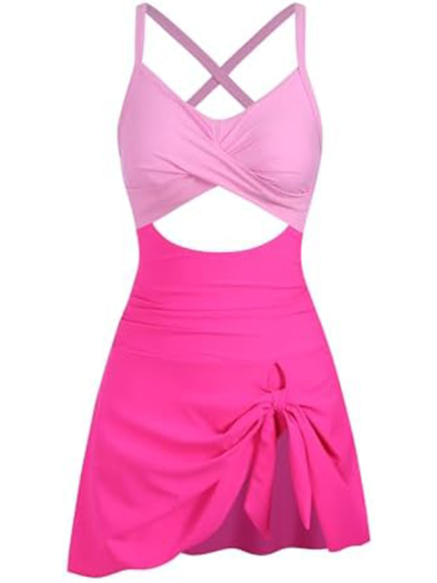 V-Neck-Cute-Tie-Knot-Skirt-Swimwear-Hot Pink