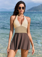 Women's One Piece Swim Dress Swimsuits Halter Color Block Tummy Control Bikini Swim Skirt Bathing Suit