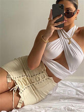 ZAFUL Women's Ribbed Halter Crop Top Ruched Lace-up Cropped Cami Bandana Top Criss Cross Wrap Print Tank Top