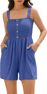 Women's Solid Color Wide Strap Pleated Simple Jumpsuit Casual Rompers Short-AMZ