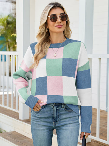 ZAFUL Women's Round Neck Long Sleeve Colorblock Printed Sweater