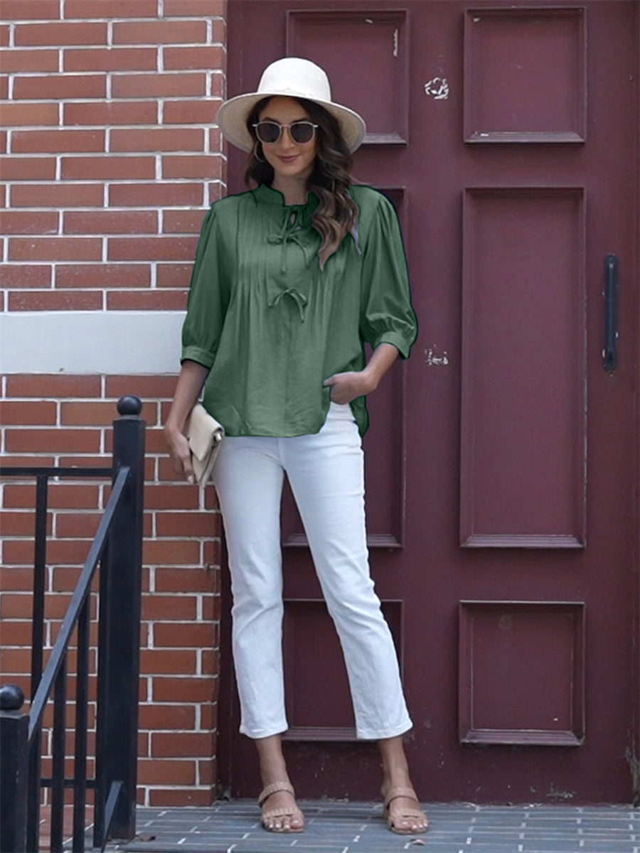 ZAFUL Womens Casual Tops 2025 V Neck Pleated Blouse 3/4 Sleeve Peplum Shirt Cute Bows Babydoll Top