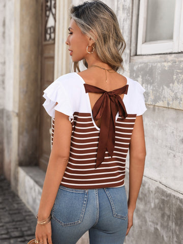 Fashion Blouse Short Sleeves Round Neck Color Block Stripe T-Shirt For Women