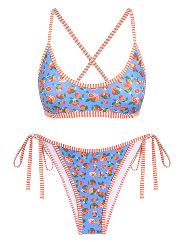 Citrus Fruit Floral Print Criss Cross Bikini Set