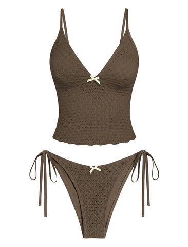 Lace Jacquard Bowknot Tummy Control Tanga Tankini -AMZ