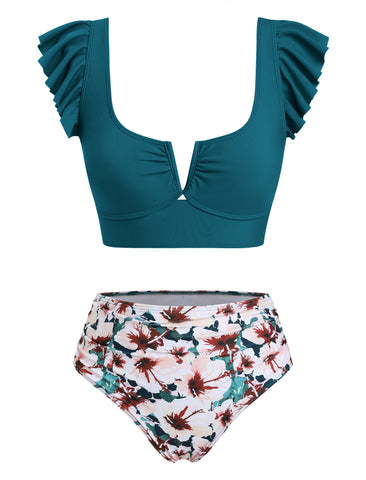 V Neck Tummy Control Two Piece Swimsuit