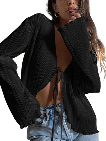 ZAFUL Women's Deep V Neck Tie Front Top Flare Sleeve Plisse Pleated Blouse Shirt Top Y2k Vintage Streetwear