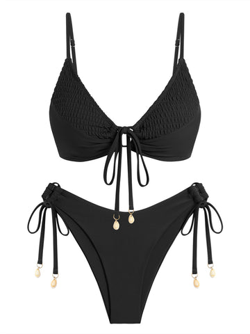 ZAFUL Women's Triangle Bikini Set O Ring Tie String Two Piece Swimsuit 2025 Smocked High Cut Bathing Suit