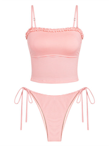 ZAFUL Women's Tankini Swimsuits Ruffles High Cut Swimwear Striped Tie Back Knot Two Piece Cheeky Bathing Suit