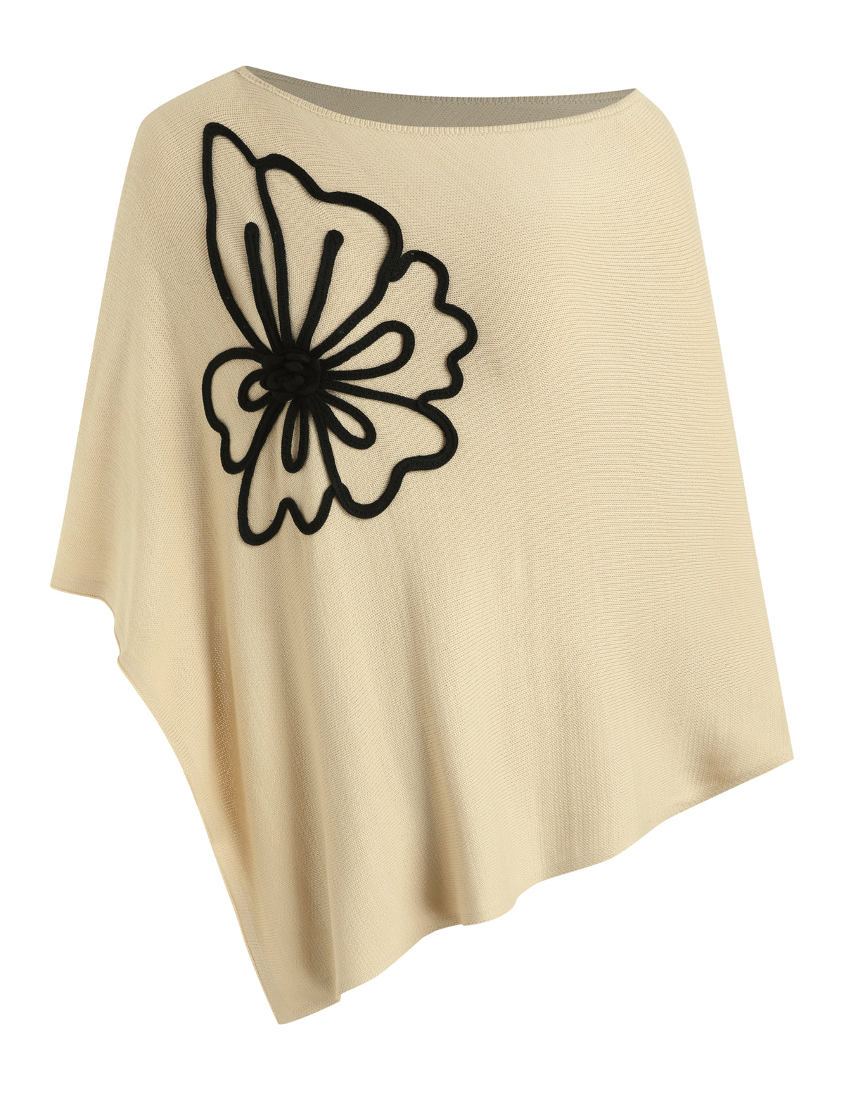 Floral Applique Asymmetrical Knit Poncho