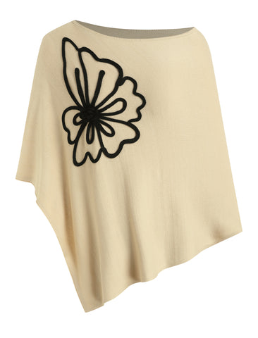 Floral Applique Asymmetrical Knit Poncho