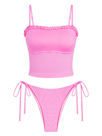 ZAFUL Women's Tankini Swimsuits Ruffles High Cut Swimwear Striped Tie Back Knot Two Piece Cheeky Bathing Suit