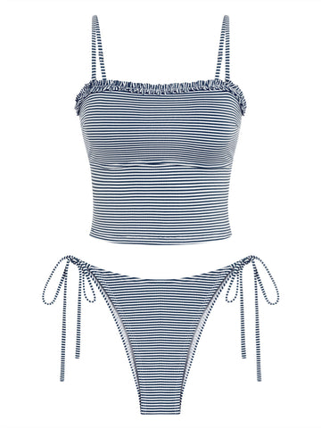 ZAFUL Women's Tankini Swimsuits Ruffles High Cut Swimwear Striped Tie Back Knot Two Piece Cheeky Bathing Suit