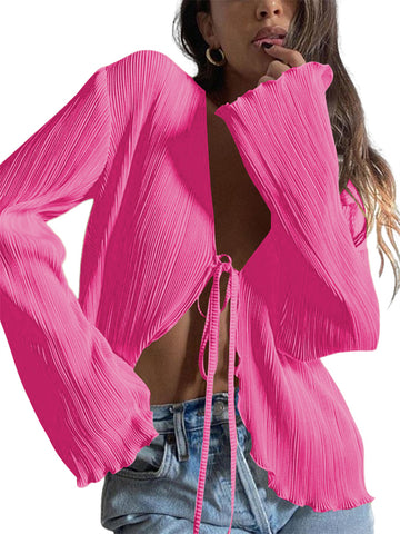 ZAFUL Women's Deep V Neck Tie Front Top Flare Sleeve Plisse Pleated Blouse Shirt Top Y2k Vintage Streetwear