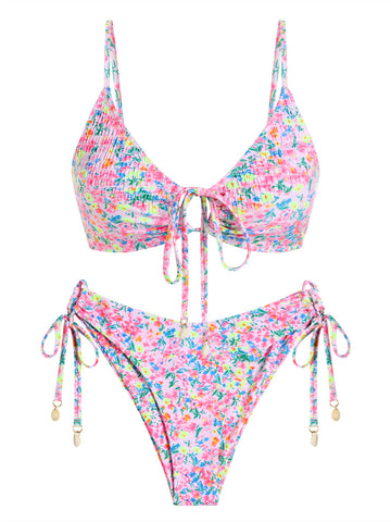 ZAFUL Women's Triangle Bikini Set O Ring Tie String Two Piece Swimsuit 2025 Smocked High Cut Bathing Suit-AMZ