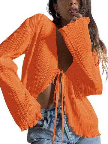 ZAFUL Women's Deep V Neck Tie Front Top Flare Sleeve Plisse Pleated Blouse Shirt Top Y2k Vintage Streetwear