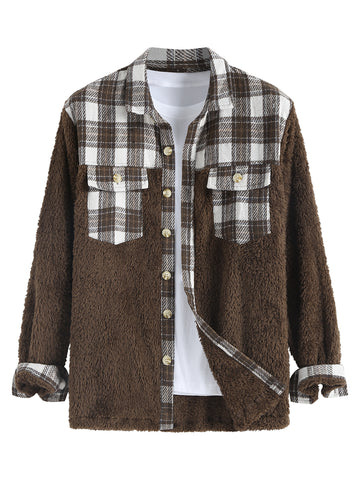 ZAFUL Men Colorblock Flannel Shirt Turn-down Collar Front Pocket Design Woolen Button Down Jacket