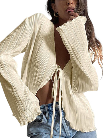 ZAFUL Women's Deep V Neck Tie Front Top Flare Sleeve Plisse Pleated Blouse Shirt Top Y2k Vintage Streetwear