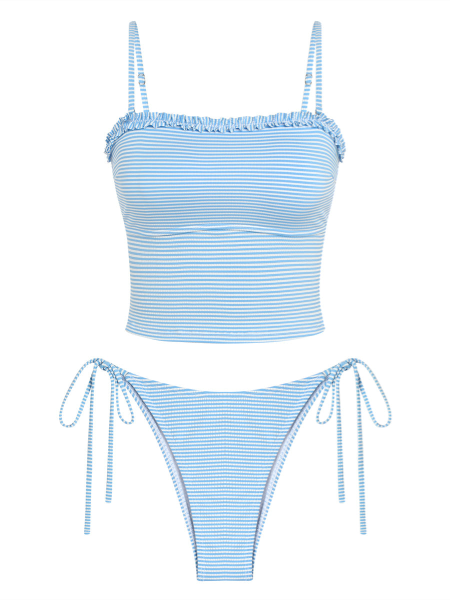ZAFUL Women's Tankini Swimsuits Ruffles High Cut Swimwear Striped Tie Back Knot Two Piece Cheeky Bathing Suit