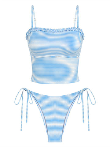 ZAFUL Women's Tankini Swimsuits Ruffles High Cut Swimwear Striped Tie Back Knot Two Piece Cheeky Bathing Suit