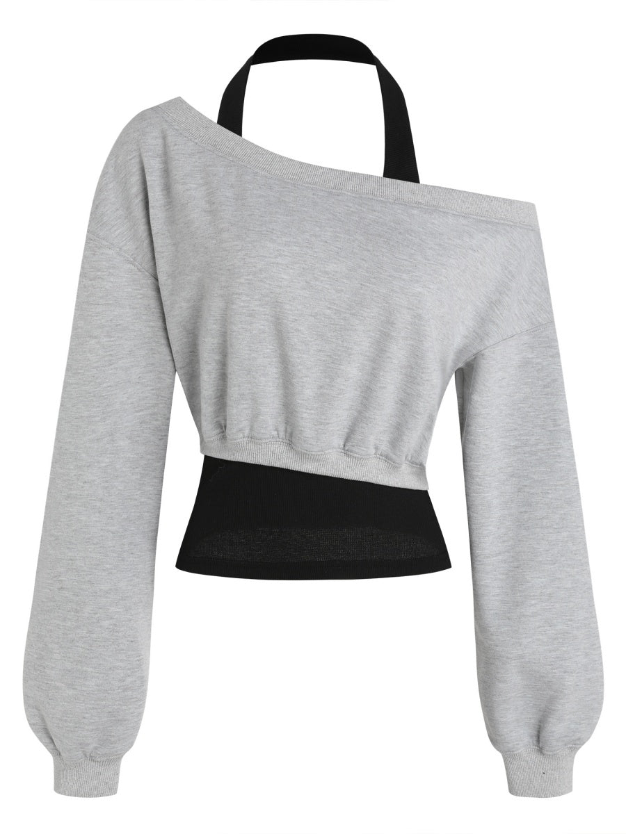 Asymmetrical Off Shoulder 2-in-1 Halter Neck Sweatshirt