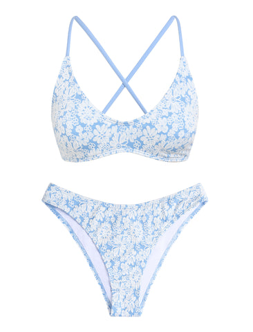 Blue Floral Print Cross Back Bikini Set