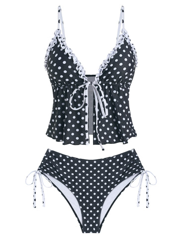 Smocked Ruffles Bowknot Textured Tanga Tankini -AMZ