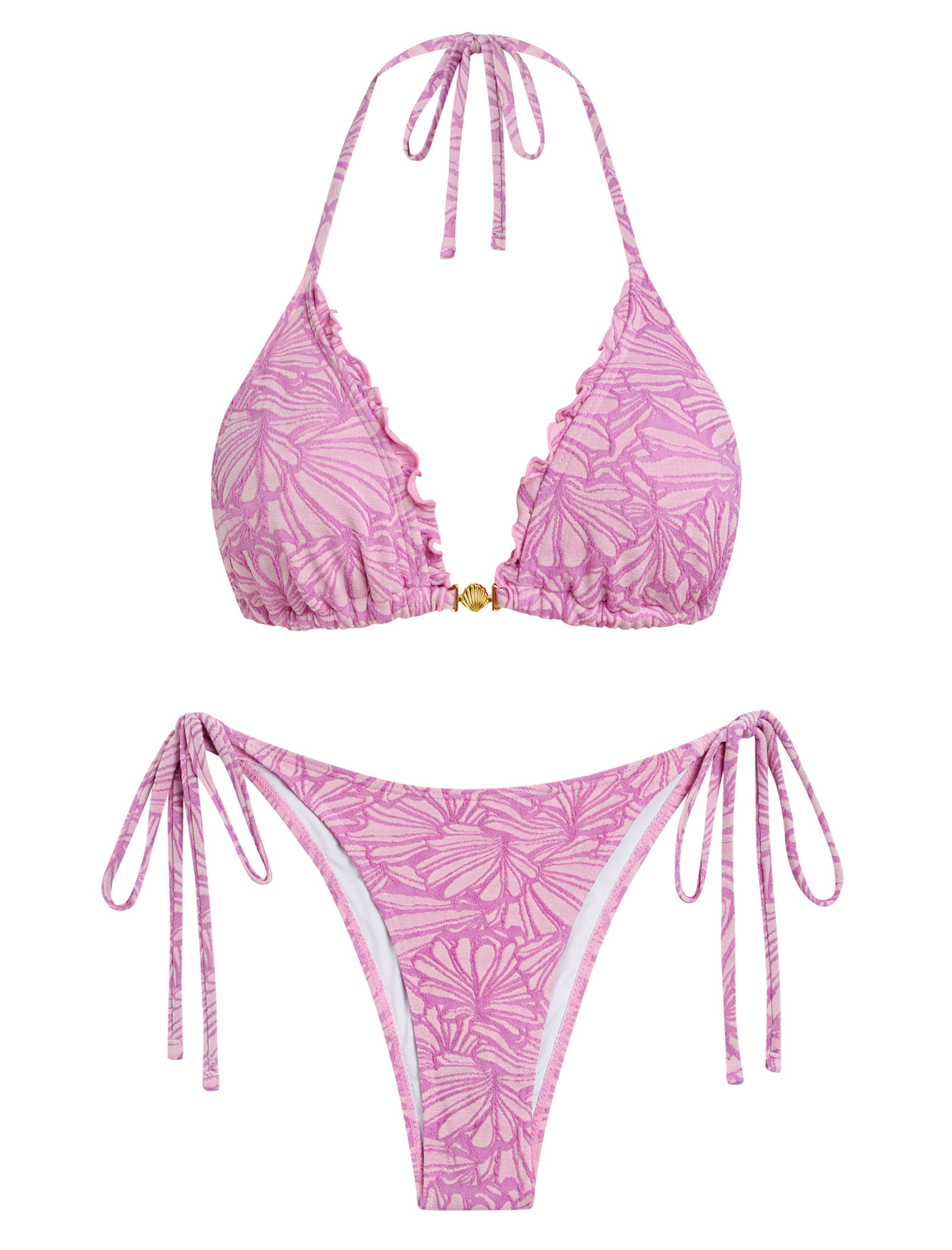 Zaful Floral Jacquard Textured Lace Bow Bikini Set-AMZ