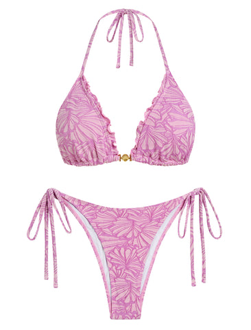 Zaful Floral Jacquard Textured Lace Bow Bikini Set-AMZ